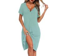 Lovasy Camisones de Mujer Verano Manga Corta Botones Camison Lactancia Camisón para Dormir Señora Mayor con Bolsillos,Verde Claro,M