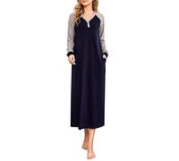 Lovasy Camisones Mujer Invierno Largo Algodon Señora Camison Casual Manga Larga Camisón Mujer Dormir Lactancia,Azul Marino,L