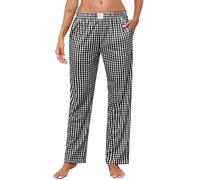 Lovasy Pantalon de Pijama Mujer Largo Pantalones de Cuadros Mujer con Cordón y Bolsillos,Negro,S
