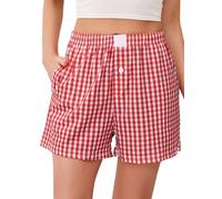 Lovasy Pantalones Cortos Mujer Verano Cuadros Pantalón Pijama Mujer Dormir con Cordón,Rojo,L