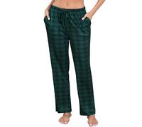 Lovasy Pantalones de Cuadros Mujer Invierno Pantalon Pijama Largo Mujer con Bolsillos y Cinturón,Verde Oscuro,L