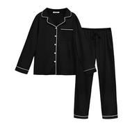 Lovasy Pijama Mujer Invierno Largos 2 Piezas Botones Conjunto de Pijama Mujer Manga Larga con Bolsillos,Negro,S