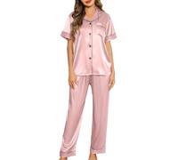 Lovasy Pijama Saten Mujer Manga Corta Botones Conjunto De Pijama Mujer Largo 2 Piezas,Rosa Claro,L