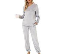 Lovasy Pijamas Mujer Invierno Polar Pijama de Franela Mujer Manga Larga Conjunto 2 Piezas,Blanco grisáceo,XL