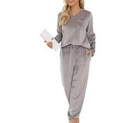 Lovasy Pijamas Mujer Invierno Polar Pijama de Franela Mujer Manga Larga Conjunto 2 Piezas,Gris Claro,M