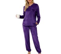 Lovasy Pijamas Mujer Invierno Polar Pijama de Franela Mujer Manga Larga Conjunto 2 Piezas,Morado,M