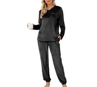 Lovasy Pijamas Mujer Invierno Polar Pijama de Franela Mujer Manga Larga Conjunto 2 Piezas,Negro,M