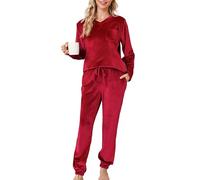 Lovasy Pijamas Mujer Invierno Polar Pijama de Franela Mujer Manga Larga Conjunto 2 Piezas,Rojo Vino,L