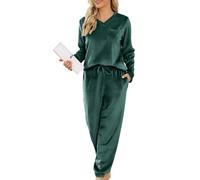Lovasy Pijamas Mujer Invierno Polar Pijama de Franela Mujer Manga Larga Conjunto 2 Piezas,Verde Oscuro,M