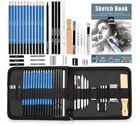 Love Art - Juego de 34 Lápices de Dibujo en Estuche Con Cremallera, Carbón, Lápiz de Grafito, Goma de Borrar, Palo de Carbón, Almohadilla Gratis