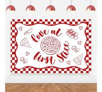Love at First Slice - Telón de fondo para pizza, despedida de soltera, decoración de despedida de soltera, color rojo a cuadros italianos, fondo de fotografía de comida italiana para pizza, despedida
