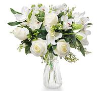 Love Bloom Flores Artificiales Decoración con Florero - Ramo Rosas y Orquideas Artificiales Blancas de Seda en Jarrón Transparente con Cinta Raso - Bodas, Hogar, Oficina, Centro de Mesa y Fiesta