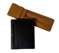 Love EMVY Juego de regalo de cuero unisex, tarjetero de piel auténtica y estuche doble para bolígrafo, bloqueo RFID, caja de regalo con cinta y etiqueta kraft en blanco, cuero Mala, Negro con estuche