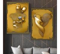 Love Heart 3D Effect Wall Art, Pósteres de Arte de la Pared Abstracta Modernos Efecto 3D del corazón del Amor Gold Abstract Steel Wire Metal Figure Statue Sculpture Couple Hanging Painting(60*90cm)