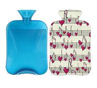 Love Heart Music Notes Botella de agua caliente con funda esponjosa, bolsa de agua caliente de gran capacidad de 2 litros, bolsa de agua para botellas de música para noches acogedoras, alivio del
