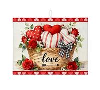Love Hearts - Tapete de secado de platos para encimera de cocina, tapete absorbente floral rojo, almohadilla de secado de microfibra romántica a rayas para protector de barra de café, 45,7 x 61 cm