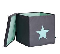 LOVE !T STORE !T Kiste für Regal aus Stoff Caja de Almacenamiento con Tapa, Poliéster Madera de ingeniería, Gris con Estrella Verde, 33x33x33 cm