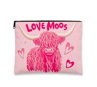 Love Moos - Bolsa de maquillaje con diseño de vaca de las tierras altas, bolsa de viaje portátil pequeña de lona con cremallera, organizador de neceser para el cuidado de la piel, Melocotón, 7x9 Inch