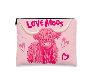 Love Moos - Bolsa de maquillaje con diseño de vaca de las tierras altas, bolsa de viaje portátil pequeña de lona con cremallera, organizador de neceser para el cuidado de la piel, Melocotón, 7x9 Inch