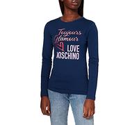 Love Moschino Camiseta de Manga Larga Ajustada en Punto de algodón 30/1. Customized with Glitter Print of Seasonal Slogan and Logo, Azul, 38 para Mujer