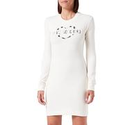 Love Moschino Tight-Fitting Long Sleeves Dress in Stretch Cotton Modal Fleece with Heart Olographic Print Vestido, Crema, 44 para Mujer