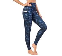 Love My Fashions® Leggings de yoga de cintura alta lisos y estampados con 2 exteriores y 1 bolsillo interior que absorbe la humedad, absorbe el sudor, Estampado Camuflaje Azul Marino, S