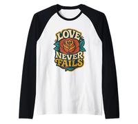 Love Never Fails 1 Corintios 13:8 Verso de la Biblia Cristiano Camiseta Manga Raglan