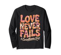 Love Never Fails Corintios 13:8 Verso bíblico cristiano de los años 70 Manga Larga