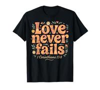 Love Never Fails versículo de la Biblia 70s Vintage Cita cristiana Camiseta