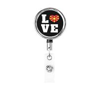 Love North Macedonia Bandera Corazón Heavy Duty Metal Badge Holder Carrete, retráctil Badge Holder con clip de cinturón para clave Name Card Holder Empleado Maestro