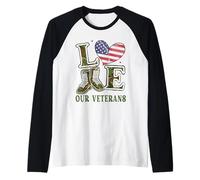 Love Our Veterans Heart USA Flag Orgulloso Militar Bandera de Estados Unidos Hombres Camiseta Manga Raglan