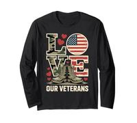 Love Our Veterans Heart USA Flag Orgulloso Militar US Flag Me Manga Larga