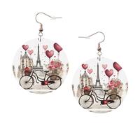 Love Paris Tower Coffee Wine Perfume Bicycle Heart Printed Round Earrings For Women 1 Pair Lightweight Leather Pierced Earrings Set Trendy Jewelry Gifts for Women Girls, One Size, Poliéster