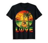 Love Peace Sign Rasta Guitarra Tropical Playa Atardecer Camiseta gráfica económica