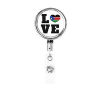 Love South Sudan Flag Heart Heavy Duty Metal Badge Holder Carrete, retráctil Badge Holder con clip para cinturón para clave Nombre Tarjeta Titular Empleado Maestro