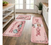 Love to Cook - Tapetes de cocina para piso, diseño de corazón de melocotón, vintage, lujosos, suaves, acolchados, cómodos, lavables, para fregaderos de cocina, lavandería, baño, 3 unidades