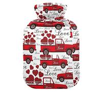 Love Truck and Heart Shape Pattern Botella de agua caliente con cubierta suave y cálida para cama de invierno, cuello y hombros, 1 L