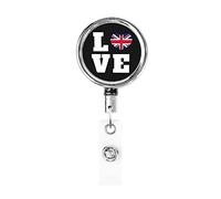 Love United Kingdom Bandera Corazón Heavy Duty Metal Badge Holder Carrete, retráctil Badge Holder con clip de cinturón para clave Name Card Holder Empleado Profesor