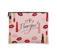 Love You - Bolsa de maquillaje con estampado de pintalabios y besos, bolsa de viaje para mujer, organizador portátil de lona con cremallera, bolsa de aseo para regalo del día de San Valentín