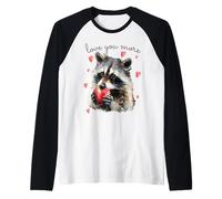 Love You More Raccoon Holding a Heart Womens Cute Valentine Camiseta Manga Raglan