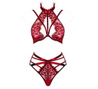 LOVE YOU SEXY Conjunto de lencería de Encaje para Mujeres, Sujetador de Cuello Redondo de Encaje, Calzoncillos de Cintura Alta, Juego de 2 Piezas, Rojo Cereza, 90C