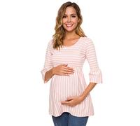 Love2Mi Blusa de maternidad para mujer, línea A, camisa de embarazo, manga acampanada 3/4, ropa de maternidad a rayas, Raya Rosada, XL