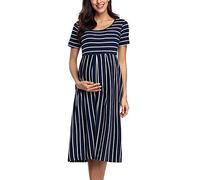 Love2Mi Vestido de maternidad de manga corta para mujer, casual, acampanado, vestido midi para embarazadas, Navy White Stripe, L