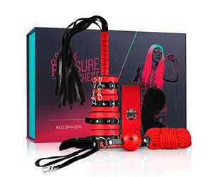 LoveBoxxx - Conjunto BDSM Set Rojo - Cuerda de esclavitud- Mordaza de bola- Juego de esposas- Puños de tobillo- Máscara- Collar con cinturón