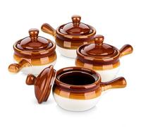 LOVECASA Juego de 4 Soperas de Porcelana 480 ml, 11,5 cm x 9,7 cm con Tapa y Asa, Tazones para Sopa de Cebollas Soupe à l'Oignon, Sopa de Carne y Verduras, Caldo, Lasaña, Apto para Horno y Microondas