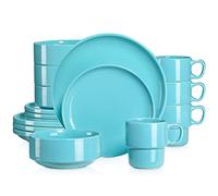 LOVECASA Juego de Vajillas Redondos de 16 Piezas, Vajilla de Porcelana, Cada Una con 4 Cuencos, 4 Tazas, 4 Platos de Postre y 4 Platos de Cena, Azul Claro