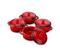 LOVECASA Mini Cocotte de Horno 380 ml 12 x 5,1 cm con Tapa, Juego de 4 Cacerolas de Gres, Pequeñas Cacerolas Redondas con 2 Asas, Moldes para Tartas, Recipiente para Una Persona, Rojo Hierro Gradual