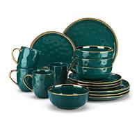 LOVECASA Serie Apollo Vajilla de Cerámica de 16 Piezas,Juego de Vajilla con Borde Dorado para 4 Personas,Cada Una con 4 Cuencos, 4 Tazas, 4 Platos de Postre y 4 Platos de Cena. Verde Oscuro