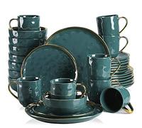 LOVECASA Serie Apollo Vajilla de Cerámica de 32 Piezas,Juego de Vajilla con Borde Dorado para 8 Personas,Cada Una con 8 Cuencos, 8 Tazas, 8 Platos de Postre y 8 Platos de Cena. Verde Oscuro