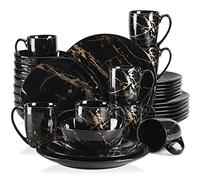 LOVECASA Serie Daphne Vajilla de Porcelana de Lujo, Juego de Vajilla de 32 Piezas Conjunto de Oro Inlay para 8 Personas, Con 8 Cuencos, 8 Tazas, 8 Platos de Postre y 8 Platos de Cena, Negro